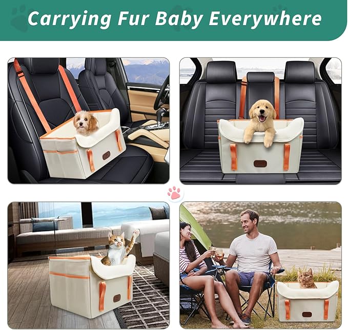 Dog Car Seat for Small Dogs, Fuzzy Dog Car Seat Stable, Waterproof, Foldable with Clip-On Safety Leash, Pet Booster Seat Suitable for Front and Rear Seats (Khaki1-25lbs)