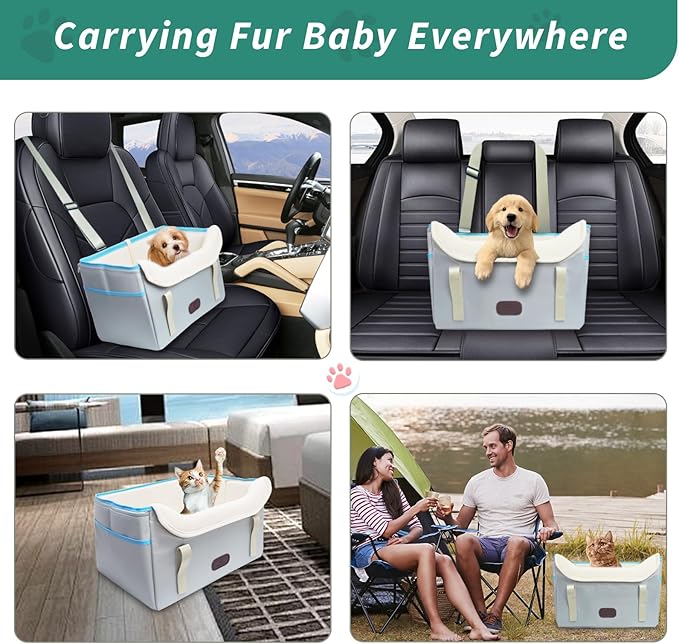 Dog Car Seat for Small Dogs, Fuzzy Dog Car Seat Stable, Waterproof, Foldable with Clip-On Safety Leash, Pet Booster Seat Suitable for Front and Rear Seats (Light Gray1-25lbs)