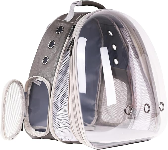 Front Extension Cat Backpack Carrier Cage for Large Cat, Up to 20 Pounds, Synthetic Leather Space Capsule Clear Bubble Window, Pet Carry Transport Book Bag