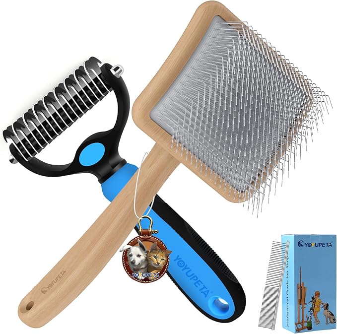 Large Slicker Brush for Dogs – 3pc Grooming Kit with Undercoat Rake & Comb, Deshedding Pin Brush for Mats & Shedding on Long-Haired & Double-Coated Dogs, Cats, Poodles & Goldendoodle, Oak