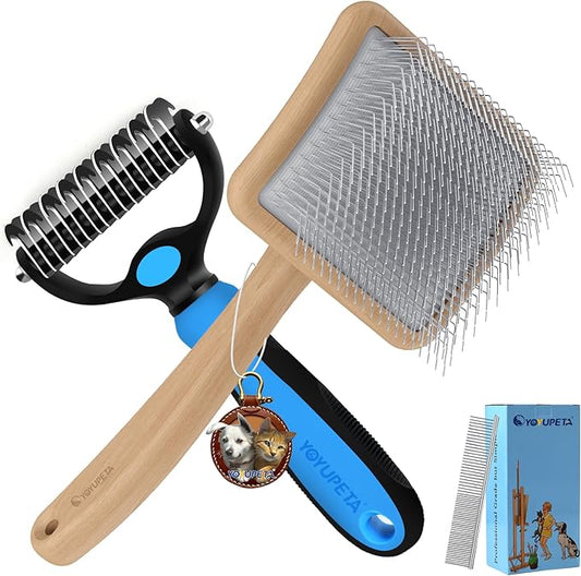 Large Slicker Brush for Dogs – 3pc Grooming Kit with Undercoat Rake & Comb, Deshedding Pin Brush for Mats & Shedding on Long-Haired & Double-Coated Dogs, Cats, Poodles & Goldendoodle, Oak