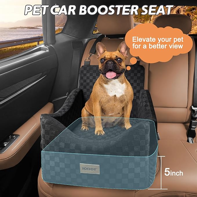 JOEJOY Elevated Dog Car Seat for Small/Medium Dogs up to 35 lbs, Memory Foam Booster Seat with Detachable Washable Cover, Travel-Safe Car Bed with Safety Belts & Storage Pockets, Black