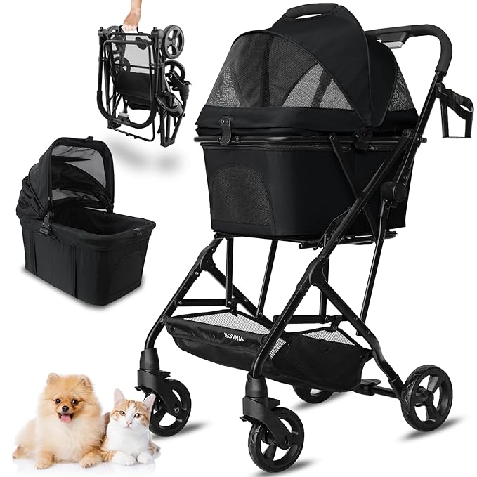 3 in 1 Dog Stroller, Lightweight Foldable Pet Stroller for Small/Medium Dogs Cats Up to 33lbs with Detachable Carrier, Storage Basket and Cup Holder - Black