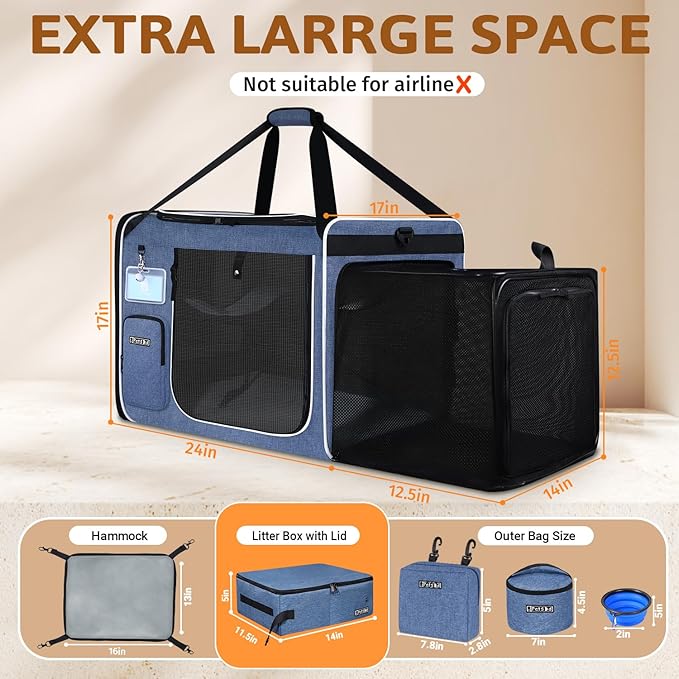 Petskd Side Expandable Extra Large Cat Carrier with Litter Box Area for Long Distance Car Travel,24"x17"x17" Collapsible Soft-Sided Large Pet Carrier with Zipper Locks for 2 Cats Under 55LBS(Blue)