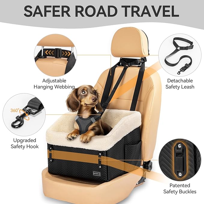PETSFIT Small Dog Car Seat, Waterproof PU Leather Dog Booster Car Seat with Patented Safe Buckles, Detachable Washable Cushion, 2 Storage Pockets, Dog Car Seat Medium Sized Dog up to 30 lbs (Black)