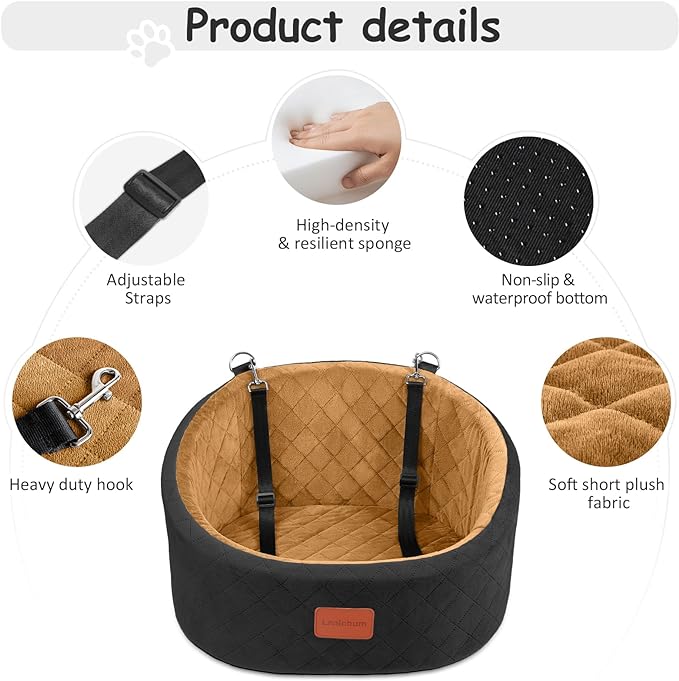 Dog Car Seat for Small Dogs Up to 30 Lbs,Ultra Soft Fabric Fill in Comfy Memory Foam,Happy Pet Ride,2 Safety Dog Leashes,Fully Detachable and Washable,Anti Slip Base(Black/Coffee)