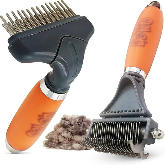 GoPets Dematting Comb & Undercoat Rake Bundle, Double-Sided Deshedding Brush for Dogs & Cats, Grooming Tool for Long Haired Pets, Mat Remover & Detangler for Thick Coats, Reduces Shedding & Breakage