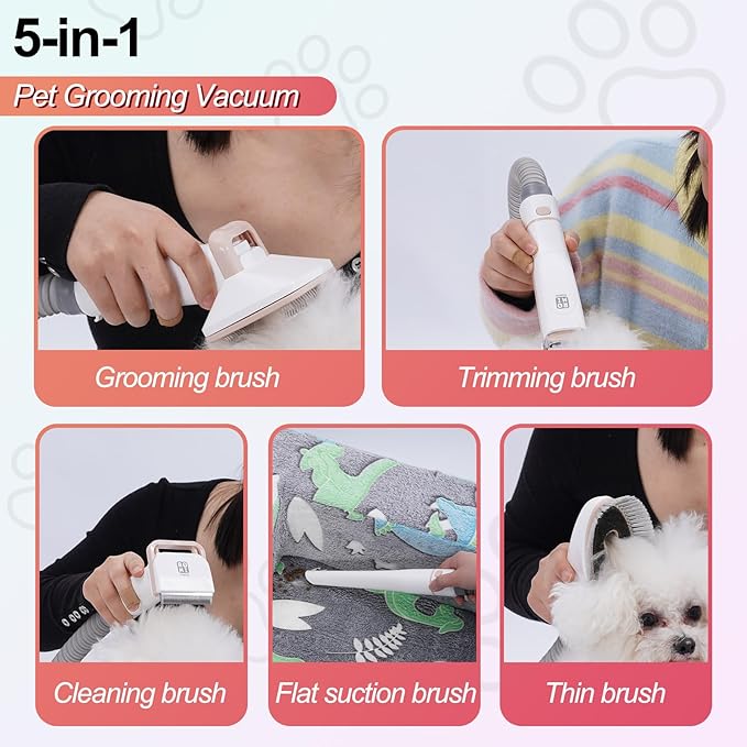 Dog Vacuum Grooming Kit - 3 Adjustable Suction Levels (2500PA/6000PA/10000PA), Ultra Quiet 45dB, 5-in-1 Portable Pet Hair Vacuum with Grooming Tools, Pet Grooming Vacuum for Dogs & Cats