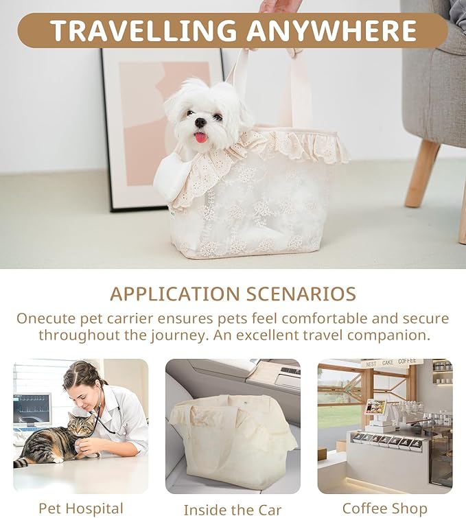 Dog Carrier for Small Dogs Rabbit cat with Lace Design, Cotton Bag, Dog Carrier Soft Sided, Collapsible Travel Puppy Carrier (Beige, 9.4" L x 5.9" W x 9.4" H)