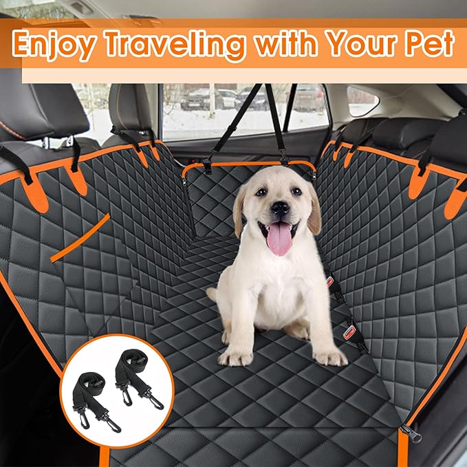 Waterproof Dog Car Seat Cover for Back Seat - Durable, Scratch Proof Pet Hammock with Nonslip Design & Storage Pockets, Fits Cars, SUVs, Trucks- S, Black/Orange