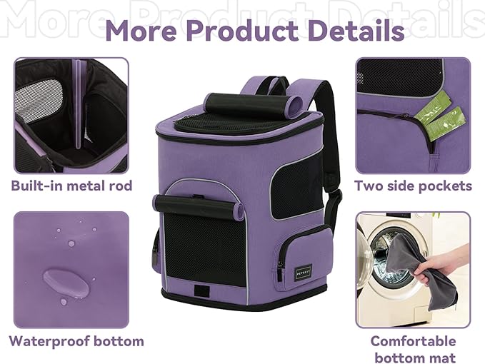 PETSFIT Dog Backpack Carrier with Upgraded Waist Protection, Pet Carrier Backpack Designed for Small Dogs/Cats, Fully Ventilated Collapsible Cat Backpack for Outdoor Traveling Hiking Camping Purple