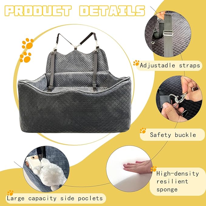 Luxury Dog Booster Seat - Safe & Comfortable Travel Bed for Small/Medium Dogs - Easy to Clean, Disassembles - Gray, Large