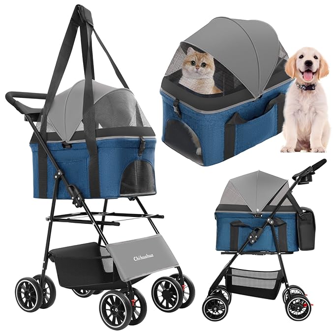 2-in-1 Foldable Pet Stroller with Canopy, 4 Wheels Pet Strolling Cart for Small/Medium Dogs and Cats with Removable Carrier,Breathable Mesh,Mom Tote Bag,Cup Holders,Easy Assembly,Grey+ Green