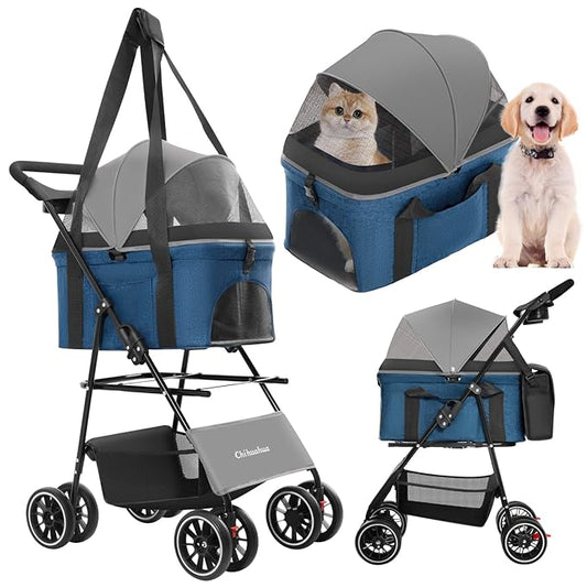 2-in-1 Foldable Pet Stroller with Canopy, 4 Wheels Pet Strolling Cart for Small/Medium Dogs and Cats with Removable Carrier,Breathable Mesh,Mom Tote Bag,Cup Holders,Easy Assembly,Grey+ Green