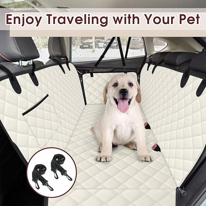 Waterproof Dog Car Seat Cover for Back Seat - Durable, Scratch Proof Pet Hammock with Nonslip Design & Storage Pockets, Fits Cars, SUVs, Trucks - L, Beige/Black
