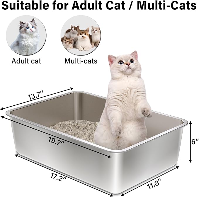 Stainless Steel Litter Box 2Pack,19.68" x13.77.x6 Large Metal Cat Litter Box,Steel Litterbox for Adult Cats/Kitty,Easy to Clean, Non Stick No Smell