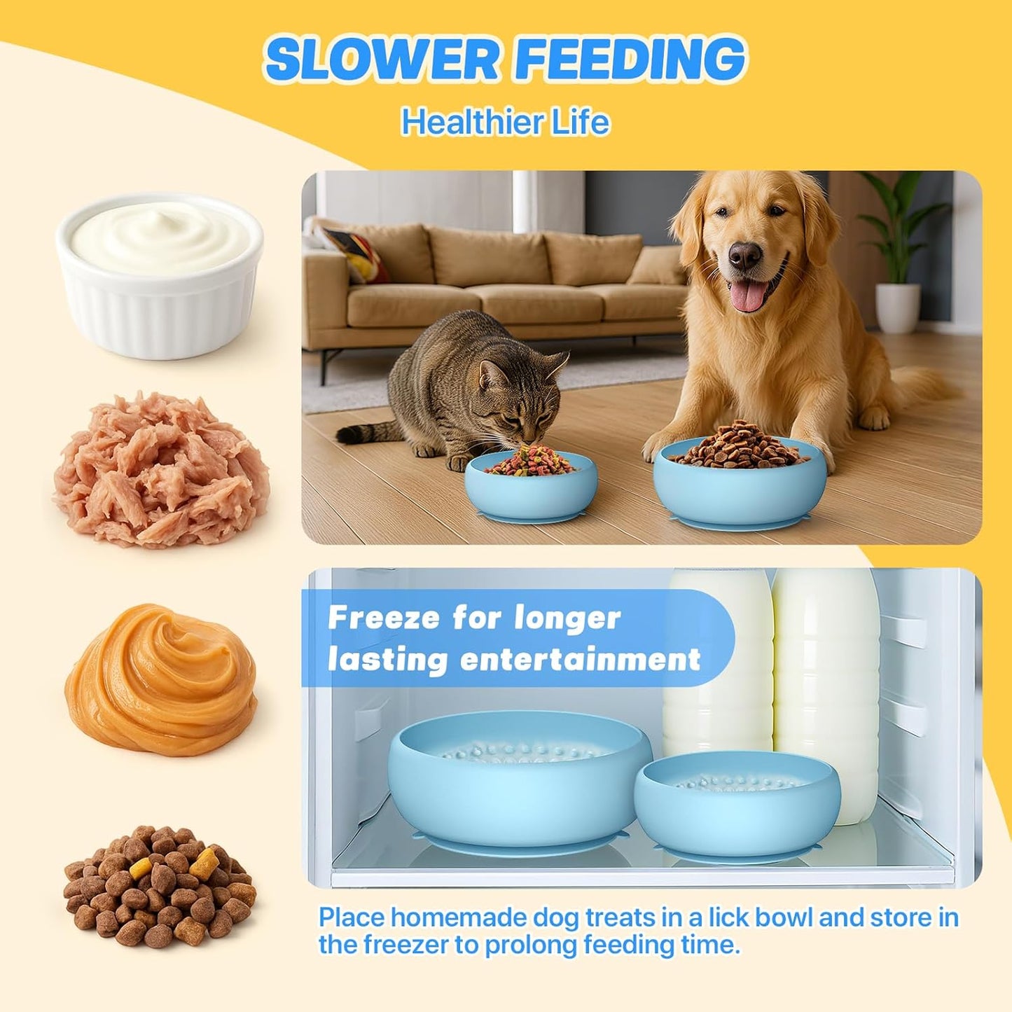 Pawinner 2 Pack Dog Lick Bowl, Freeze Lick Mat for Dogs, Non-Slip Slow Feeder Licking Bowl with Suction Cups, Food Grade Silicone, Enrichment Puzzle Feeder for Distraction(Blue)