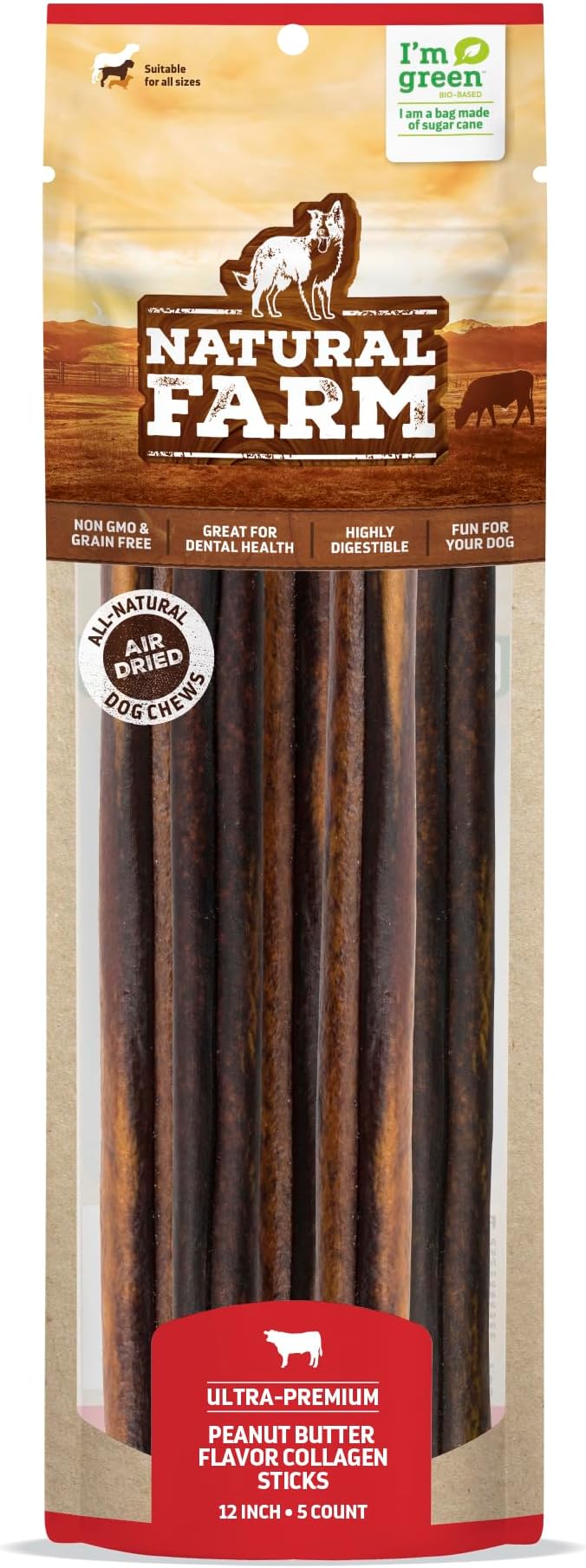Natural Farm Peanut Butter Flavor Collagen Sticks for Dogs (12 Inch, 5 Pack), Long-Lasting Beef Collagen Sticks, Rawhide Alternative Chews with Chondroitin & Glucosamine, Low-Fat Dental Treats