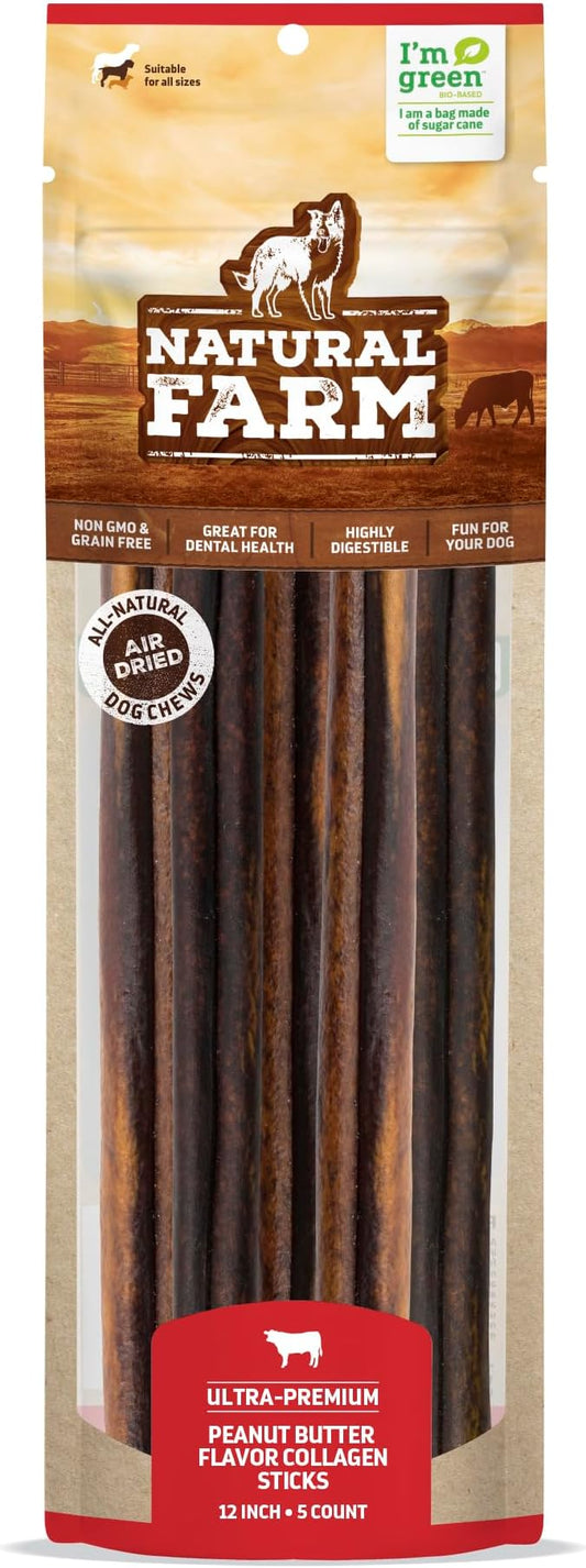 Natural Farm Peanut Butter Flavor Collagen Sticks for Dogs (12 Inch, 5 Pack), Long-Lasting Beef Collagen Sticks, Rawhide Alternative Chews with Chondroitin & Glucosamine, Low-Fat Dental Treats