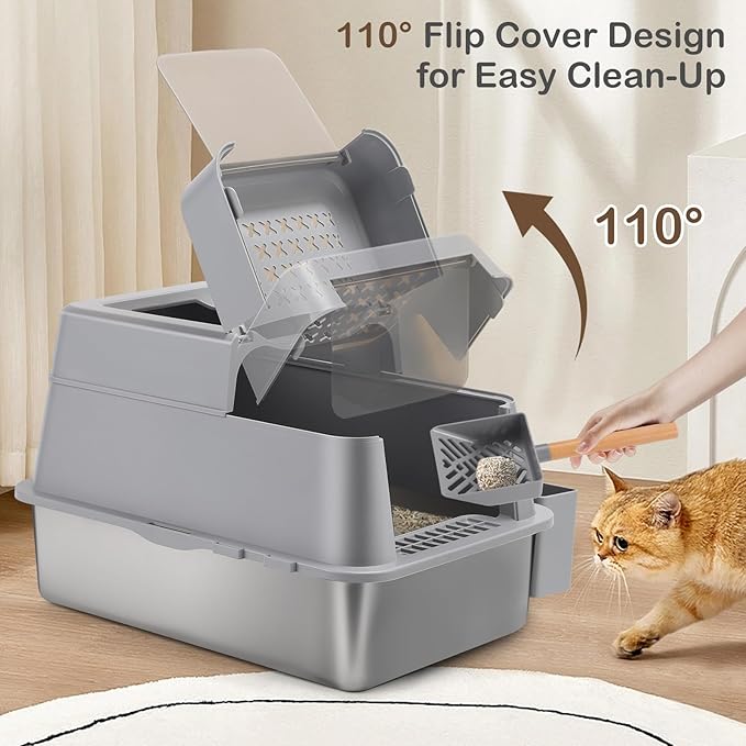 Stainless Steel Cat Litter Box with 110° Flip-Top Lid, XXL Large Enclosed Metal Litter Box for Big Cats with Scoop & Pedal, Removable Lid -Odor Control, Non-Stick Surface, Front Entry Top Exit (Grey)