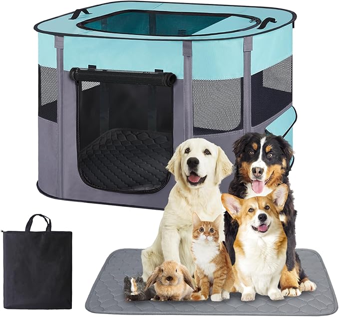 Pet Dog Cat Playpen with Waterproof Pad,Portable Puppy Kitten Rabbit Crate and Other Small Animals Kennel Cage Tent for Indoor Outdoor Travel Camping,Water-Resistant Breathable Shade Cover (Green S)