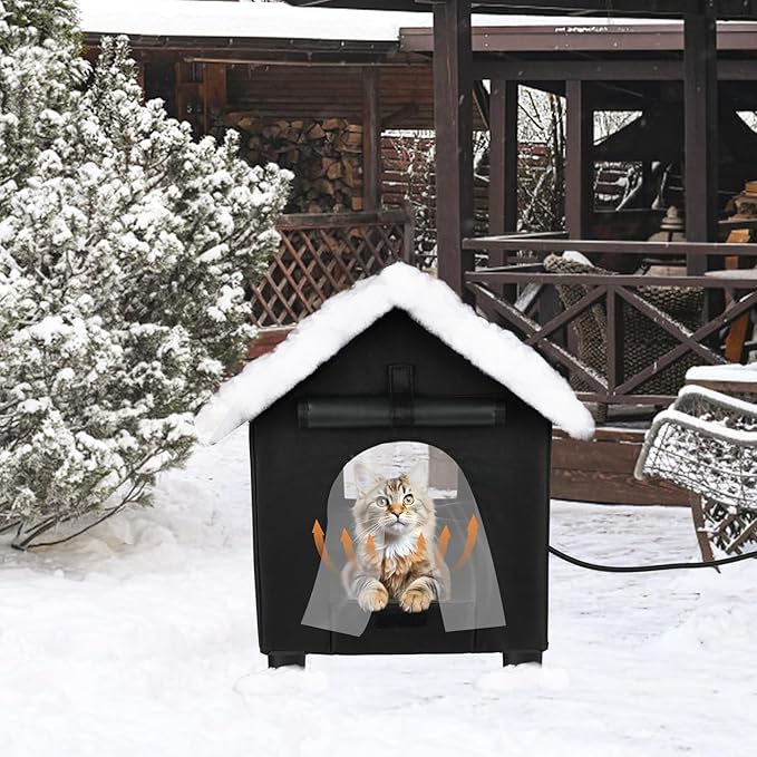 BWOGUE Elevated Heated Cat House for Outdoor Cats in Winter, Waterproof & Insulated Feral Cat Shelter for Outside Cats,Weatherproof Feral Cat House for Outside (Black, XL)