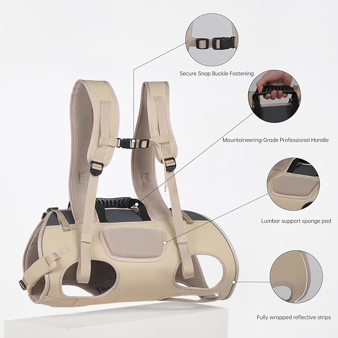 Dog Backpack Carrier for Large Dogs - Hands-Free Pet Travel Pack with 6-Point Safety System, Waterproof & Reflective Design for Motorcycle, Hiking, Surfing (Khaki Color, Small)