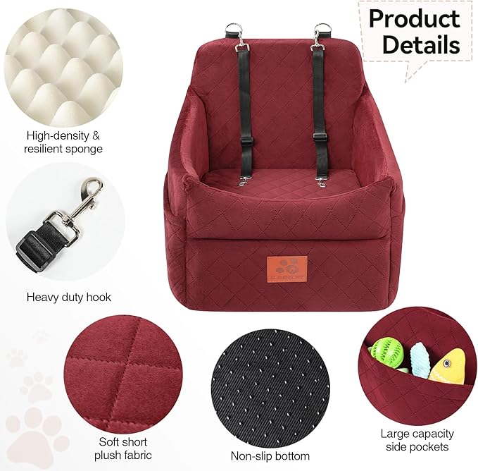 Dog Car Seat for Small/Medium Dogs, Dog Booster Car Seats with Thick Cushion for Dogs Under 35lbs, Detachable Washable Pet Carseat with Storage Pockets, 2 Safety Belts(Red)