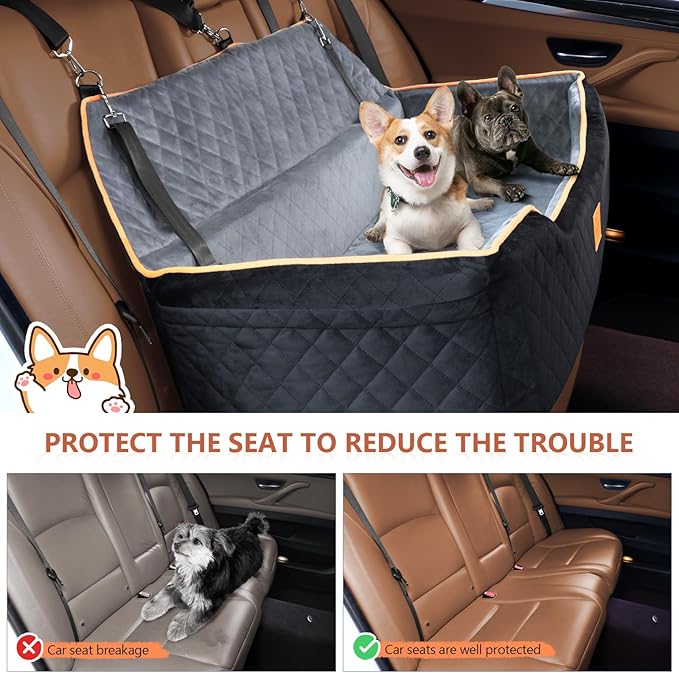 Large Dog Car Seat for Dods Under 100 Lbs, Memory Foam Dog Car Bed for Backseat & Trunk, Detachable and Washable Cover, Pet Travel Seat with Storage Pockets, 2 Safety Belts