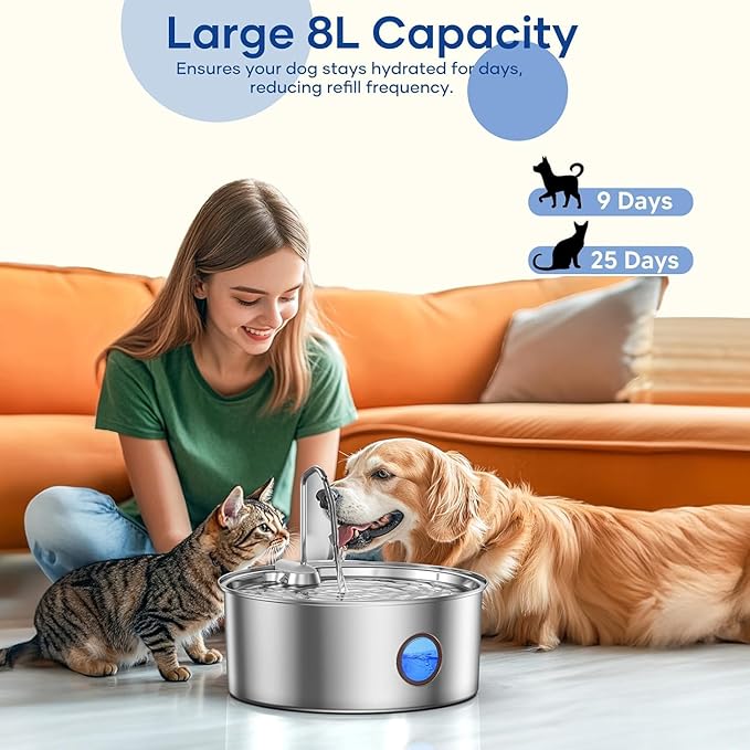 Dog Water Fountain for Large Dogs - 8L/270oz Stainless Steel Dog Fountain Water Bowl, Great for Large Dogs Cats and Multi-Pet Home, Quiet Pet Dispenser with Visual Water Level, Easy-to-Clean