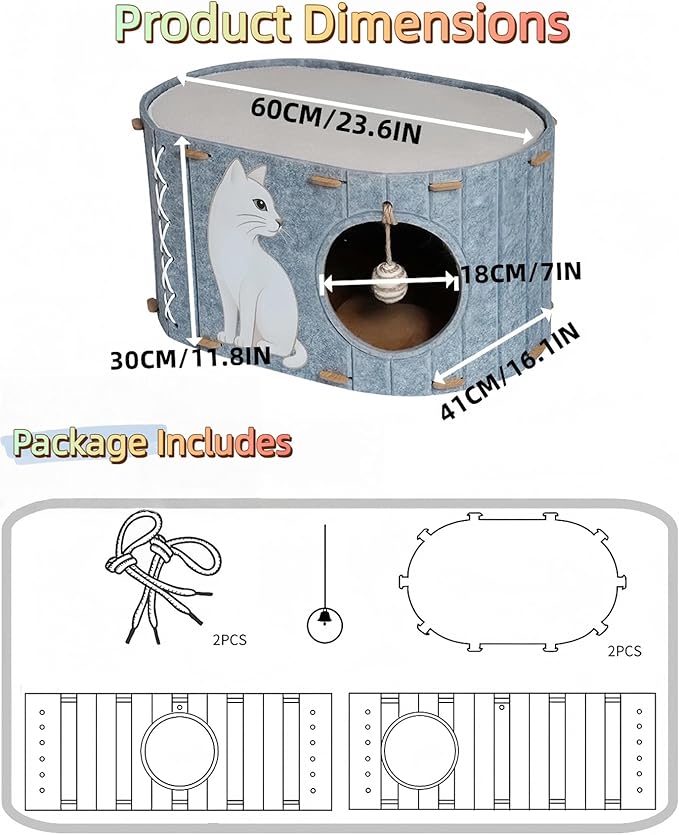Cat House for Indoor Cats – Felt Covered Cat Bed Cave with Sisal Ball & Reversible Cooling & Warming Pad, Enclosed Hideaway Condo for Large Cats & Kittens, Cozy Multi-Cat Furniture, Gray