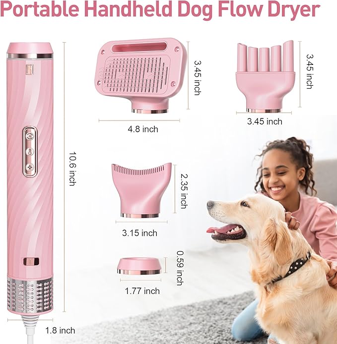 Discala Dog Dryer, Dog Grooming Blow Dryer Kit with Slicker Brush for Pet, High Velocity Blow Dryer for Dogs with Adjustable Speed and Temperature for Pet Grooming Supplies and Home Use, Pink