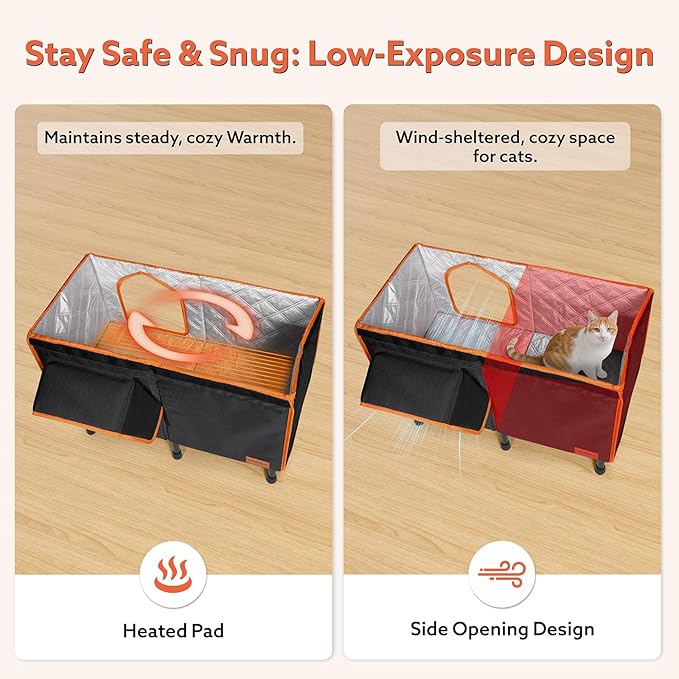 Heated Outdoor Cat House for Outside Winter 100% Waterproof Oxford Tarpaulin with Safe Escape Door and 5" Elevated Base with Heater for Feral Barn Cat Kitty (26“x20”x14“)