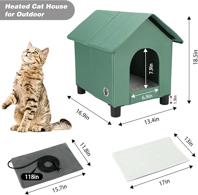 BWOGUE Elevated Heated Cat House for Outdoor Cats in Winter, Waterproof & Insulated Feral Cat Shelter for Outside Cats,Weatherproof Feral Cat House for Outside (Green, S)