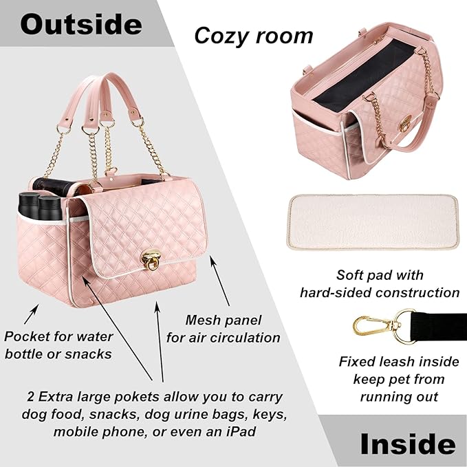 Fashion Dog Purse Carrier for Small Dogs with 2 Super-Large Pockets, Holds Up to 10lbs PU Leather Pet, Cat Carrier, Airline Approved Puppy Purse for Travel (Pink, Small Size)