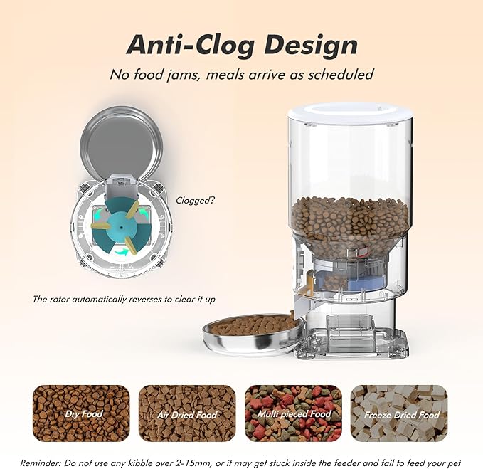 Automatic Cat Feeder - 5L Anti-Clog Cat Food Dispenser Keeps Dry Food Fresh, 10s Voice, 1-6 Meals/Day, Programmable Portions, 180-Day Battery Life, Easy to Clean Auto Pet Feeder for Multi Cats & Dogs