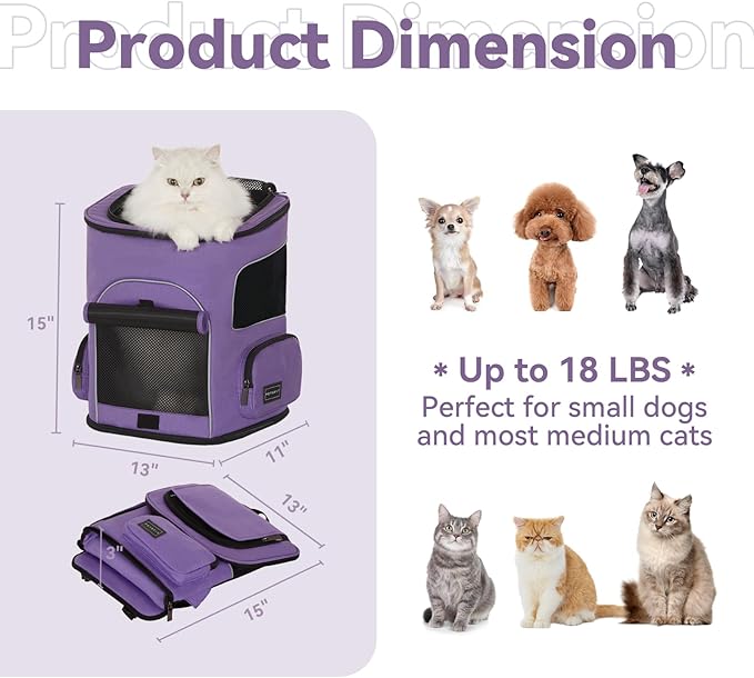 PETSFIT Dog Backpack Carrier with Upgraded Waist Protection, Pet Carrier Backpack Designed for Small Dogs/Cats, Fully Ventilated Collapsible Cat Backpack for Outdoor Traveling Hiking Camping Purple