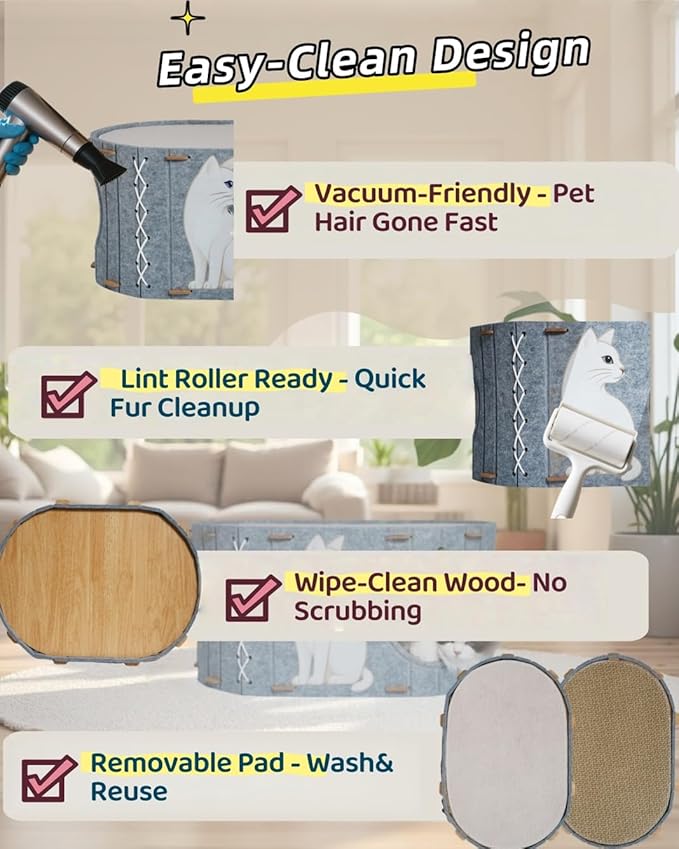 Cat House for Indoor Cats – Felt Covered Cat Bed Cave with Sisal Ball & Reversible Cooling & Warming Pad, Enclosed Hideaway Condo for Large Cats & Kittens, Cozy Multi-Cat Furniture, Gray