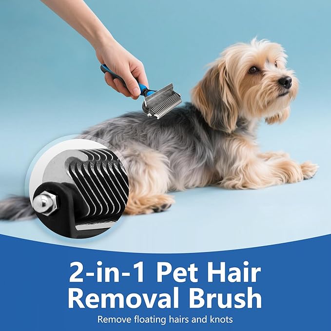 Cat Shedding Brush, Deshedding Brush for Long Haired Cats, Pet Grooming Tools 2 in 1 Undercoat Rake with Detangling Comb-Small