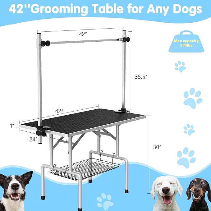 Lyromix 42''Large Dog Grooming Table, Adjustable Cat Drying Desktop with Arms, Nooses, Mesh Tray, Foldable Pet Station at Home, Maximum Capacity Up to 330Lb, 42inch, Black