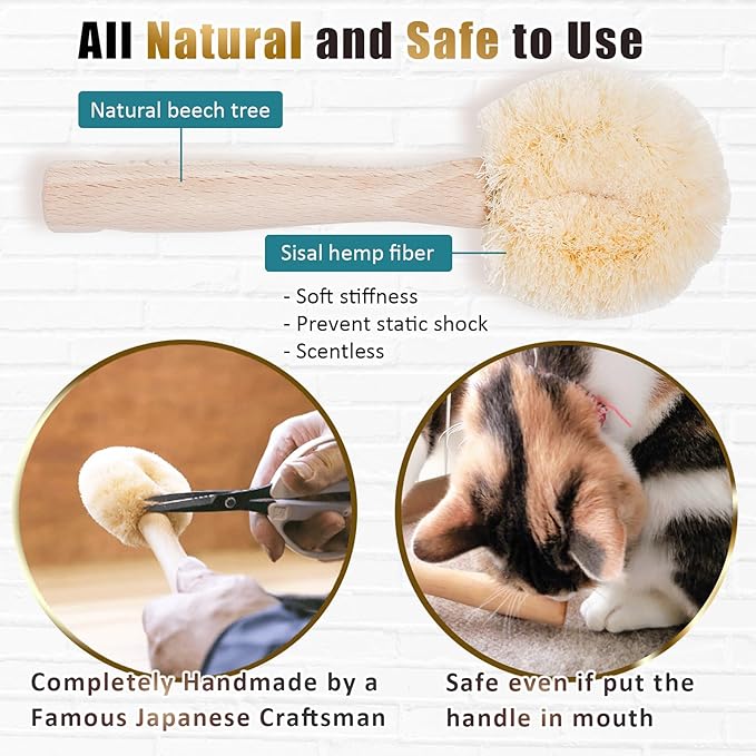 Cat Grooming Massage Tawashi Brush with Wood Handle Less Static Natural Sisal Fiber Made in Japan (Type-B)