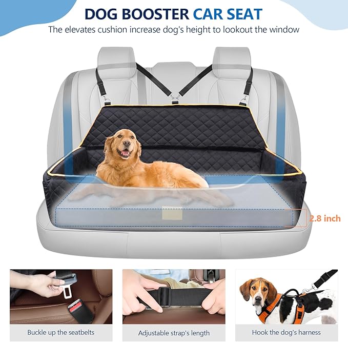 Large Dog Car Seat for Dods Under 100 Lbs, Memory Foam Dog Car Bed for Backseat & Trunk, Detachable and Washable Cover, Pet Travel Seat with Storage Pockets, 2 Safety Belts