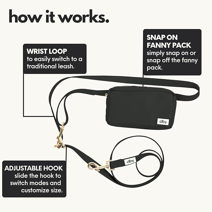 elby - Hands Free Dog Leash with Treat Pouch - Dog Walking Accessories - Dog Training Leash with Fanny Pack - Dog Accessories and Walking Essentials - Medium and Large Dogs (Black, Regular)