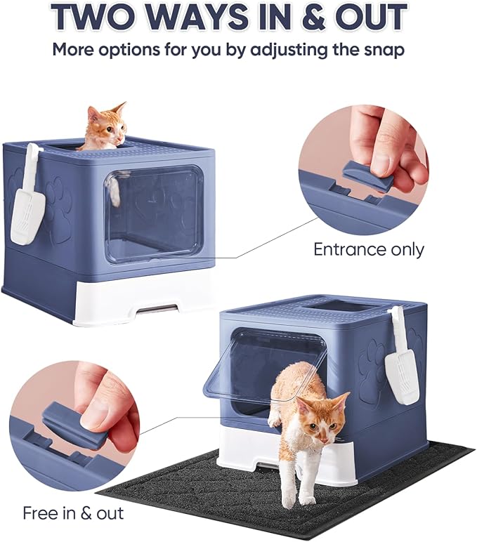 Cat Litter Box with X-Large Litter Mat and Scoop, Large Foldable Litter Box with Lid, Enclosed Kitty Box,Front Top Entry Exit, Odor Control Easy to Clean (Upgrade Midnight)