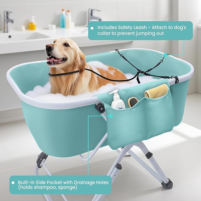 Dog Bathtub, Portable & Elevated Dog Bath Tub with Adjustable Height, Foldable Design for Easy Storage, Ideal for Small to Large Dogs, Indoor & Outdoor Use, Green