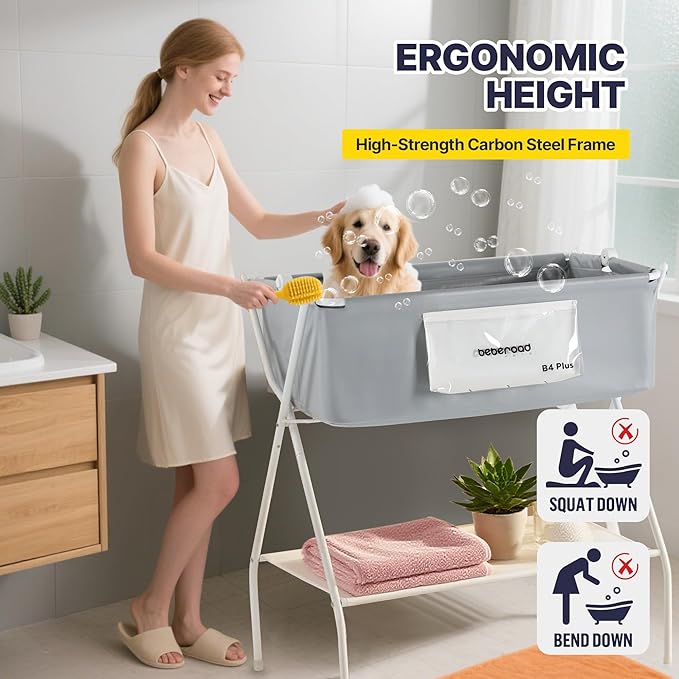 Dog Bathtub Dog Washing Station with Scrubber for Medium Dogs Under 66lbs or Two Small Pets, B4 Plus Foldable Dog Tub for Bathing and Grooming, Portable Collapsible Dog Shower Tub
