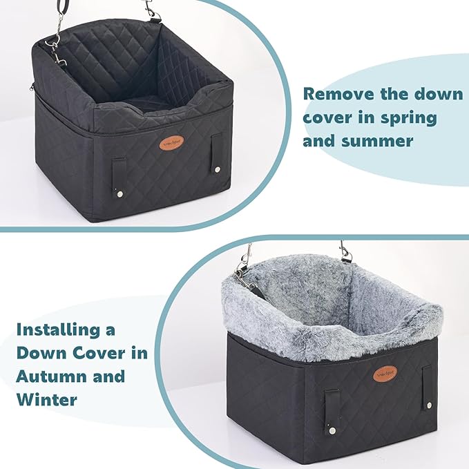 Dog Car Seat with Loops Dog Booster Seat for All Seasons, Anti Slip Bottom Pet Travel Bed with Thick Pets Sofa Cushion and Storage Pockets for Small Pets（Black）