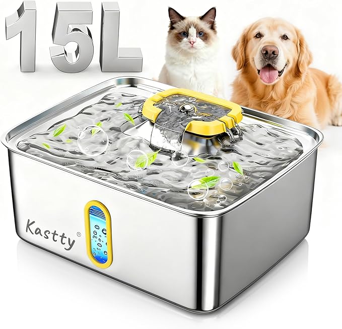 Kastty 3.96 Gal Dog Water Fountain for Large Dogs, 15L Stainless Steel Pet Water Fountain, QuietTriple Filtration Dog Water Bowl Dispenser with Water Level Window and LED Light Easy Clean(FS78,Yellow)