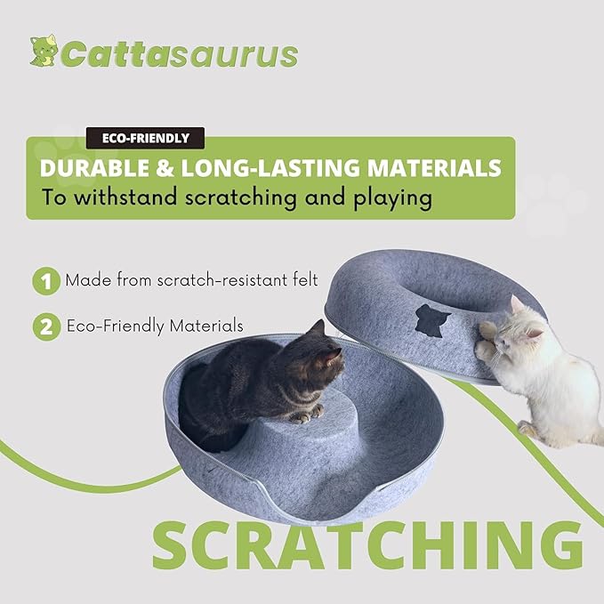 Cattasaurus Peekaboo Cat Cave Donut for Multiple & Large Cats up to 30-45 lbs, 3-in-1 Self Warming Cat Bed, Tunnel & Scratcher for Indoor Cats, Washable & Detachable Small Dog Bed (Light Gray, Jumbo)
