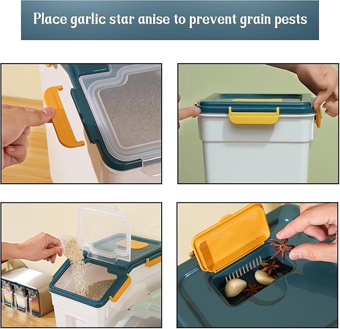 Large Flour Storage Container Bin 25lb,4 Pack Airtight Rice Storage Containers with Wheels Seal Locking Lid BPA Free with Measuring Cup,Scoop for Flour, Rice, Grain, Dry Food - Dark Blue